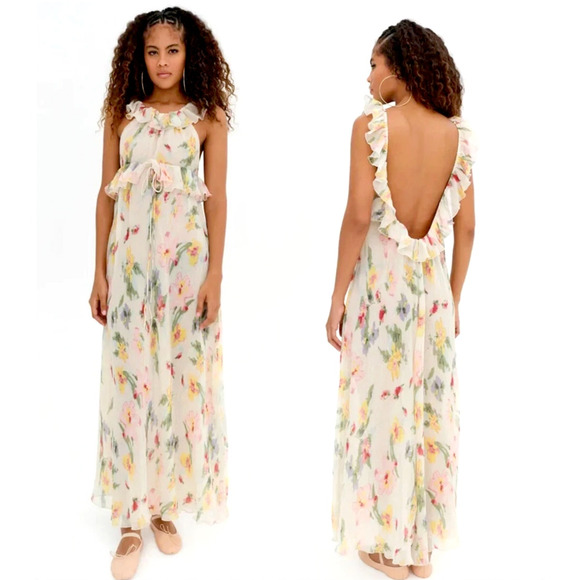NWT! For Love & Lemons L Romantic Backless Abby Floral Maxi Dress Ruffle Cream - Picture 1 of 11